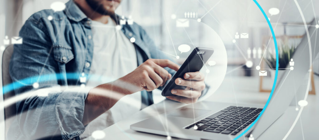 Man working remotely at home. Concept of networking or remote wo